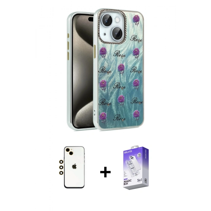 MARSİLYAN™- iPhone 14 Kılıf Zirve Modern Prime - Siyah Bilvis 5in1 3D Magic Cam Ekran Koruyucu + Shine Kamera Lens - GD