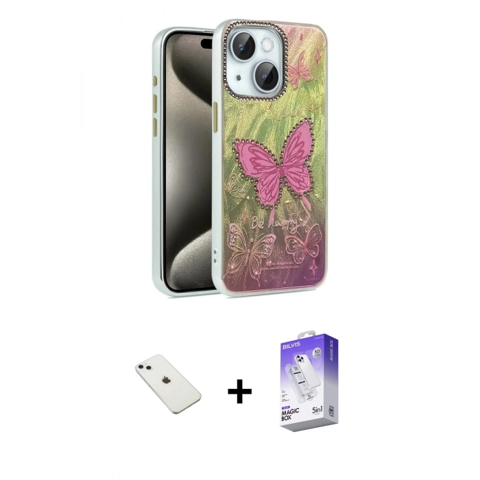 MARSİLYAN™- iPhone 14 Kılıf Zirve Modern Prime - Siyah Bilvis 5in1 3D Magic Cam Ekran Koruyucu + Diamond Kamera Lens - SABE