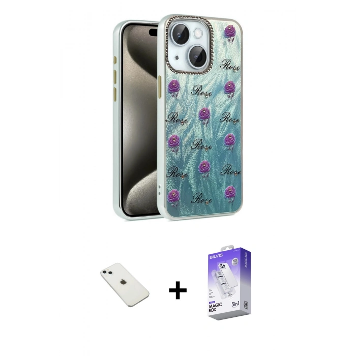 MARSİLYAN™- iPhone 14 Kılıf Zirve Modern Prime - Siyah Bilvis 5in1 3D Magic Cam Ekran Koruyucu + Diamond Kamera Lens - SABE