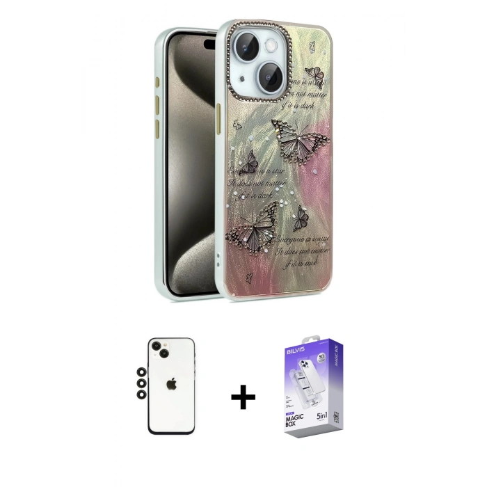 MARSİLYAN™- iPhone 14 Kılıf Zirve Modern Prime - Siyah Bilvis 5in1 3D Magic Cam Ekran Koruyucu + Siyah Shine Kamera Lens