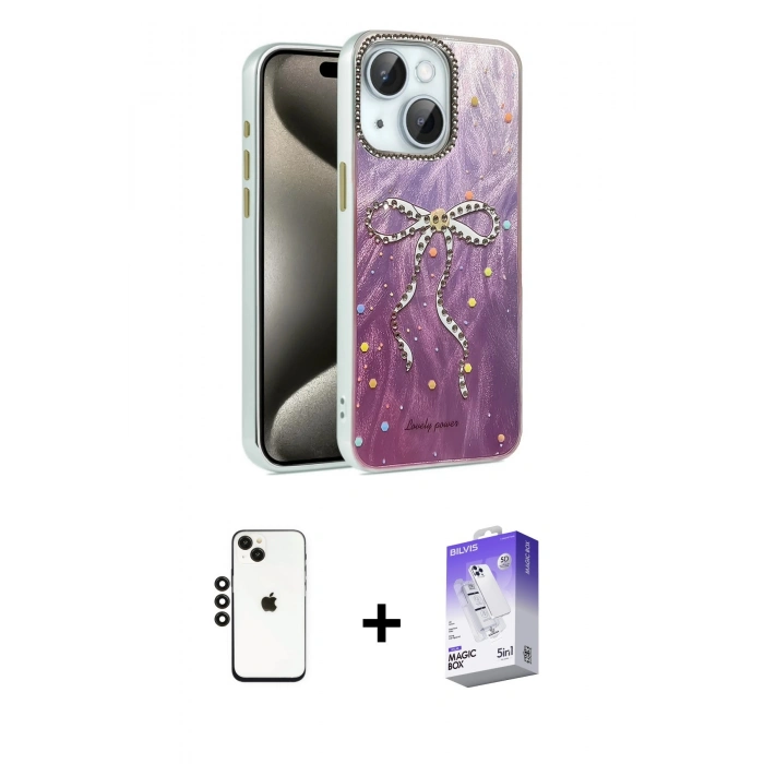 MARSİLYAN™- iPhone 14 Kılıf Zirve Modern Prime - Siyah Bilvis 5in1 3D Magic Cam Ekran Koruyucu + Siyah Shine Kamera Lens