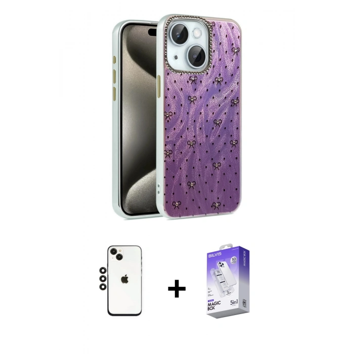 MARSİLYAN™- iPhone 14 Kılıf Zirve Modern Prime - Siyah Bilvis 5in1 3D Magic Cam Ekran Koruyucu + Siyah Shine Kamera Lens