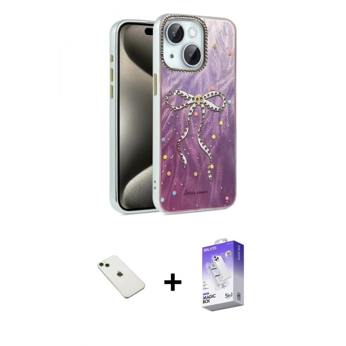 MARSİLYAN™- iPhone 14 Kılıf Zirve Modern Prime - Siyah Bilvis 5in1 3D Magic Cam Ekran Koruyucu + Yeşil Diamond Kamera Lens
