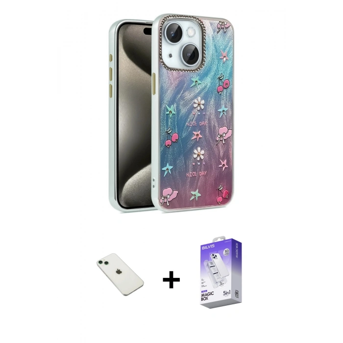 MARSİLYAN™- iPhone 14 Kılıf Zirve Modern Prime - Siyah Bilvis 5in1 3D Magic Cam Ekran Koruyucu + Yeşil Diamond Kamera Lens