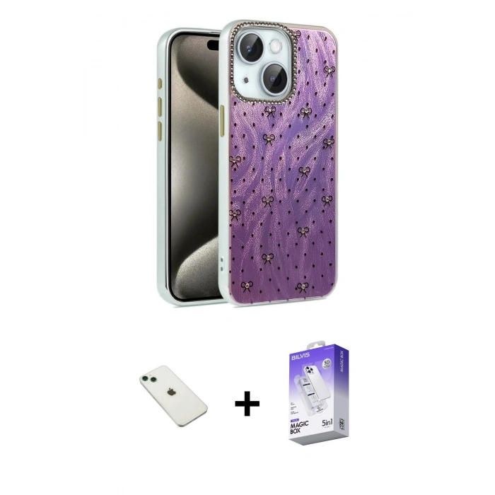 MARSİLYAN™- iPhone 14 Kılıf Zirve Modern Prime - Siyah Bilvis 5in1 3D Magic Cam Ekran Koruyucu + Yeşil Diamond Kamera Lens