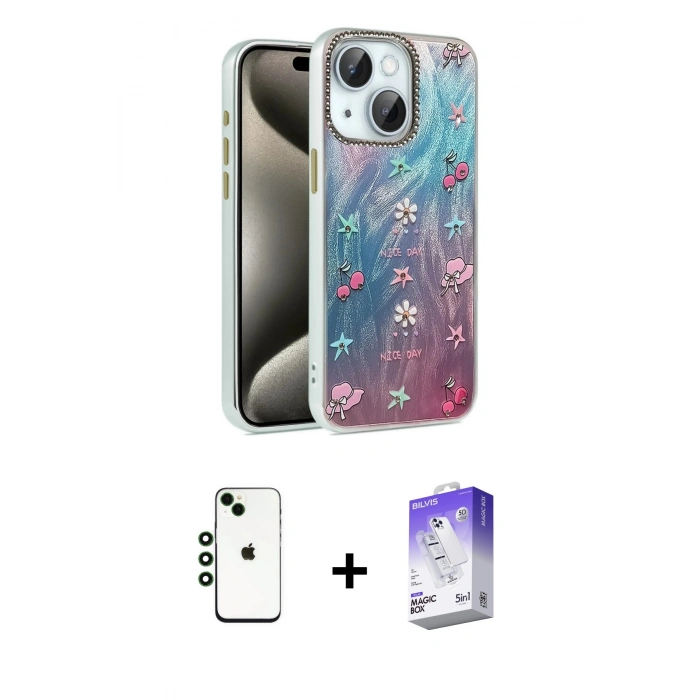 MARSİLYAN™- iPhone 14 Kılıf Zirve Modern Prime - Siyah Bilvis 5in1 3D Magic Cam Ekran Koruyucu + Shine Kamera Lens - YL