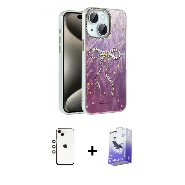 MARSİLYAN™- iPhone 14 Kılıf Zirve Modern Prime - Siyah Bilvis 5in1 5D Magic Hayalet Cam Ekran Koruyucu + Shine Kamera Lens - GI