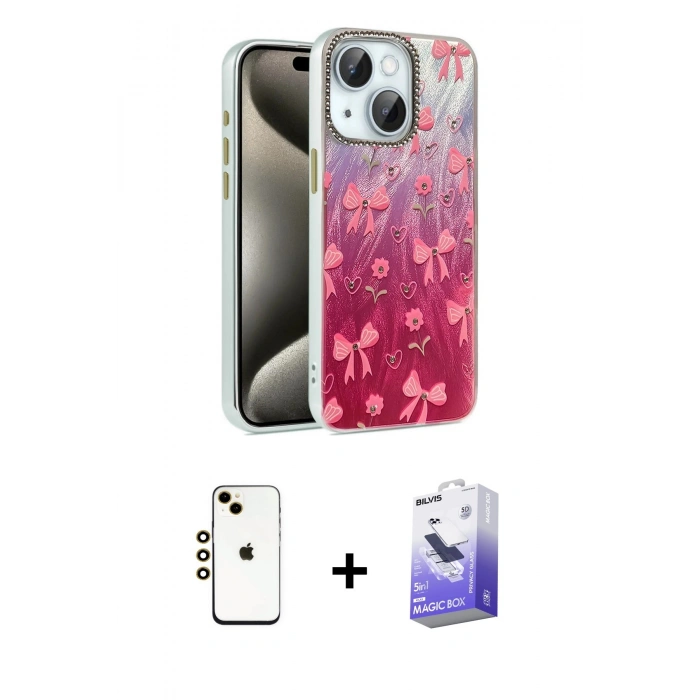MARSİLYAN™- iPhone 14 Kılıf Zirve Modern Prime - Siyah Bilvis 5in1 5D Magic Hayalet Cam Ekran Koruyucu + Shine Kamera Lens - GD