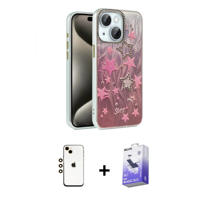 MARSİLYAN™- iPhone 14 Kılıf Zirve Modern Prime - Siyah Bilvis 5in1 5D Magic Hayalet Cam Ekran Koruyucu + Shine Kamera Lens - GD