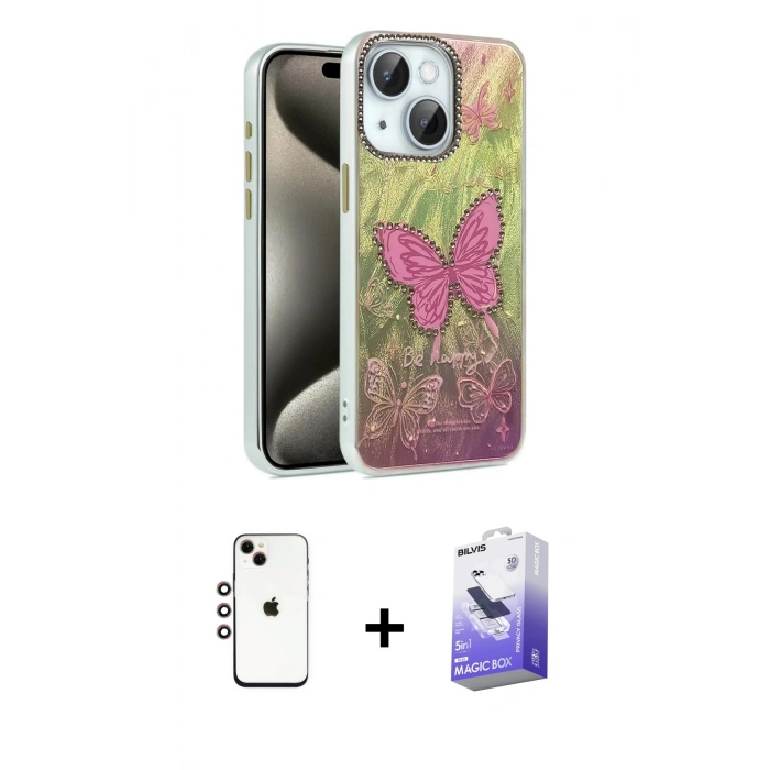 MARSİLYAN™- iPhone 14 Kılıf Zirve Modern Prime - Siyah Bilvis 5in1 5D Magic Hayalet Cam Ekran Koruyucu + Shine Kamera Lens - GI