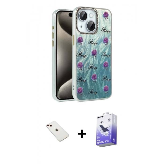 MARSİLYAN™- iPhone 14 Kılıf Zirve Modern Prime - Siyah Bilvis 5in1 5D Magic Hayalet Cam Ekran Koruyucu + Diamond Kamera Lens - KI