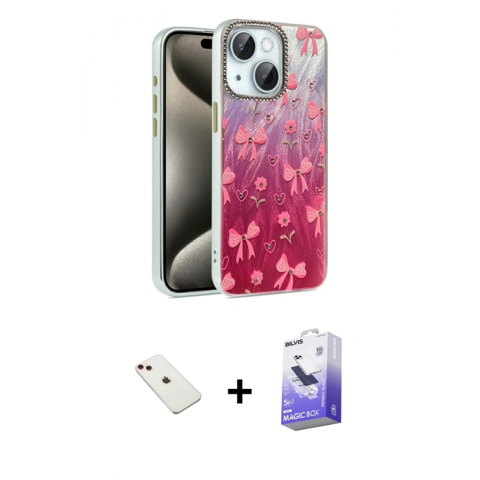 MARSİLYAN™- iPhone 14 Kılıf Zirve Modern Prime - Siyah Bilvis 5in1 5D Magic Hayalet Cam Ekran Koruyucu + Diamond Kamera Lens - KI