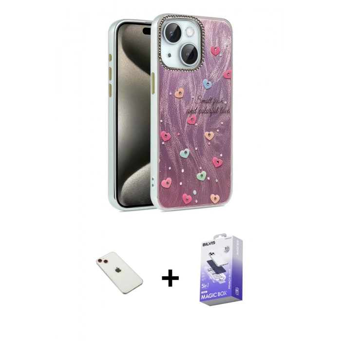 MARSİLYAN™- iPhone 14 Kılıf Zirve Modern Prime - Siyah Bilvis 5in1 5D Magic Hayalet Cam Ekran Koruyucu + Diamond Kamera Lens - KI