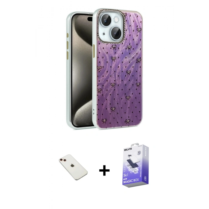 MARSİLYAN™- iPhone 14 Kılıf Zirve Modern Prime - Siyah Bilvis 5in1 5D Magic Hayalet Cam Ekran Koruyucu + Diamond Kamera Lens - KI