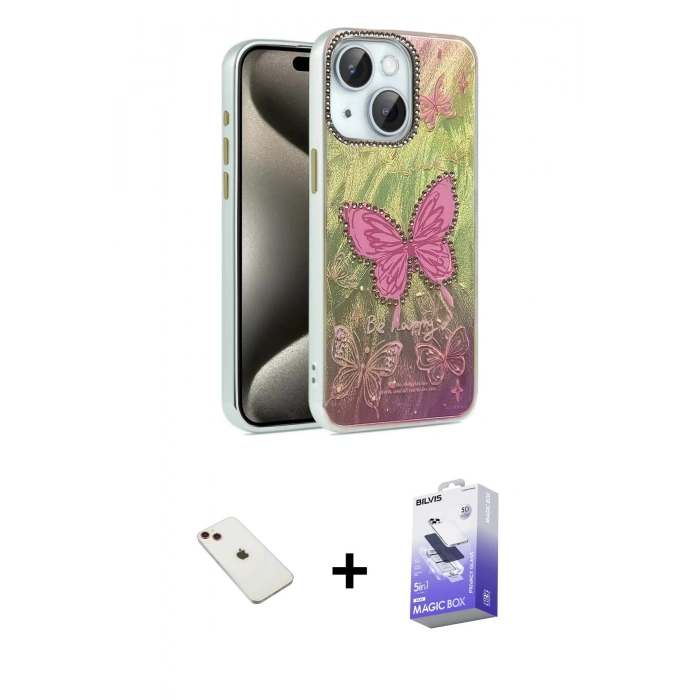 MARSİLYAN™- iPhone 14 Kılıf Zirve Modern Prime - Siyah Bilvis 5in1 5D Magic Hayalet Cam Ekran Koruyucu + Diamond Kamera Lens - KI