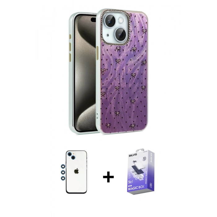 MARSİLYAN™- iPhone 14 Kılıf Zirve Modern Prime - Siyah Bilvis 5in1 5D Magic Hayalet Cam Ekran Koruyucu + Shine Kamera Lens - MI