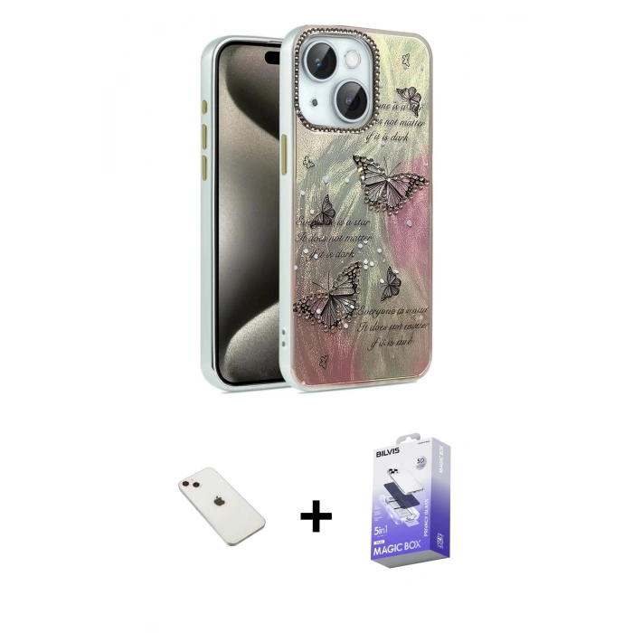 MARSİLYAN™- iPhone 14 Kılıf Zirve Modern Prime - Siyah Bilvis 5in1 5D Magic Hayalet Cam Ekran Koruyucu + Diamond Kamera Lens - PE