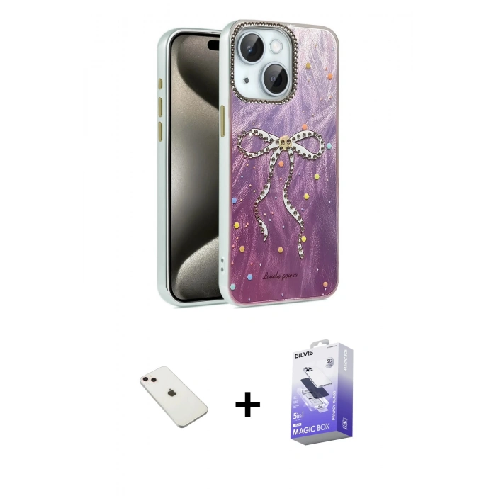 MARSİLYAN™- iPhone 14 Kılıf Zirve Modern Prime - Siyah Bilvis 5in1 5D Magic Hayalet Cam Ekran Koruyucu + Diamond Kamera Lens - PE
