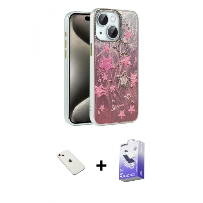 MARSİLYAN™- iPhone 14 Kılıf Zirve Modern Prime - Siyah Bilvis 5in1 5D Magic Hayalet Cam Ekran Koruyucu + Diamond Kamera Lens - PE