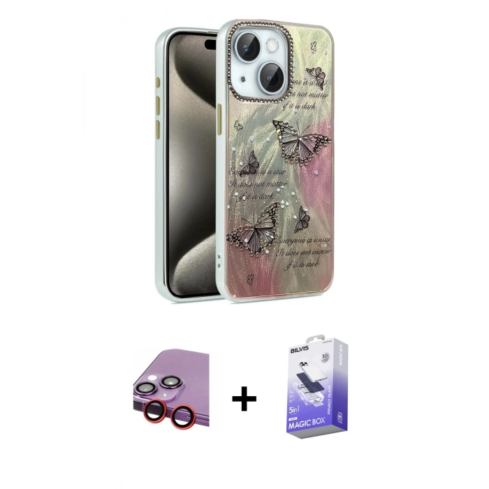 MARSİLYAN™- iPhone 14 Kılıf Zirve Modern Prime - Siyah Bilvis 5in1 5D Magic Hayalet Cam Ekran Koruyucu + Raze Metal Kamera Lens - KI