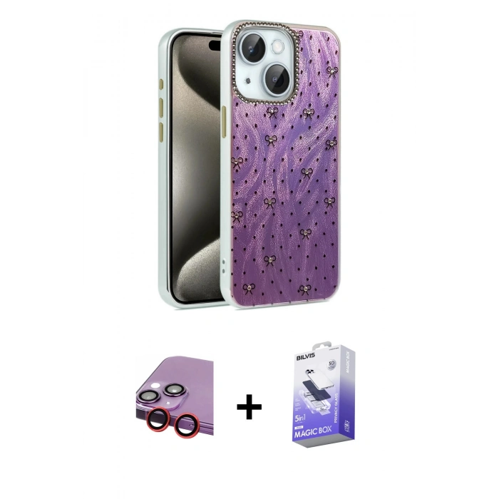 MARSİLYAN™- iPhone 14 Kılıf Zirve Modern Prime - Siyah Bilvis 5in1 5D Magic Hayalet Cam Ekran Koruyucu + Raze Metal Kamera Lens - KI