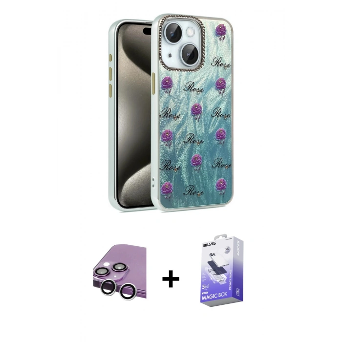 MARSİLYAN™- iPhone 14 Kılıf Zirve Modern Prime - Siyah Bilvis 5in1 5D Magic Hayalet Cam Ekran Koruyucu + Raze Metal Kamera Lens - GS