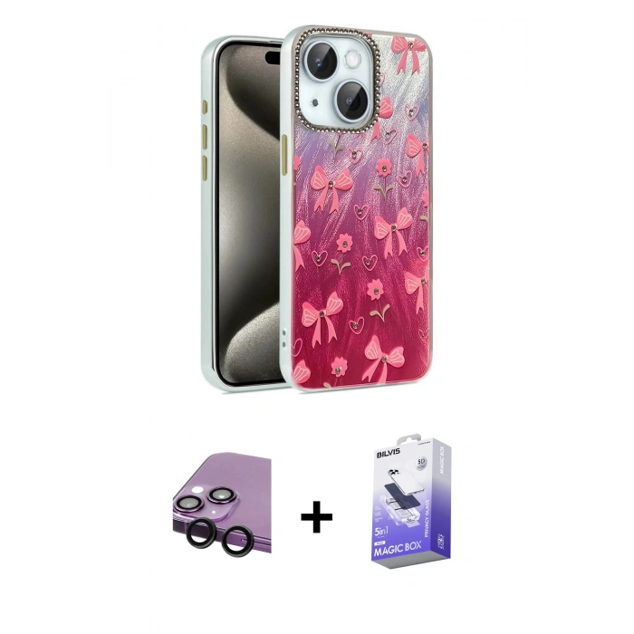 MARSİLYAN™- iPhone 14 Kılıf Zirve Modern Prime - Siyah Bilvis 5in1 5D Magic Hayalet Cam Ekran Koruyucu + Raze Metal Kamera Lens - SH