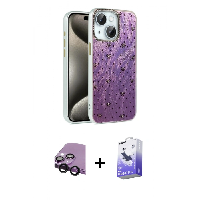 MARSİLYAN™- iPhone 14 Kılıf Zirve Modern Prime - Siyah Bilvis 5in1 5D Magic Hayalet Cam Ekran Koruyucu + Raze Metal Kamera Lens - SH