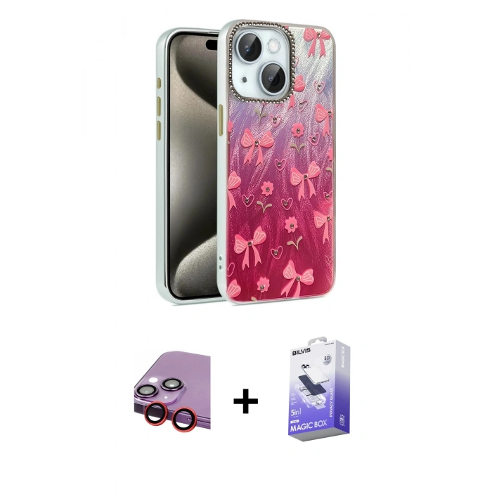 MARSİLYAN™- iPhone 14 Kılıf Zirve Modern Prime - Siyah Bilvis 5in1 5D Magic Hayalet Cam Ekran Koruyucu + Raze Metal Kamera Lens - KI