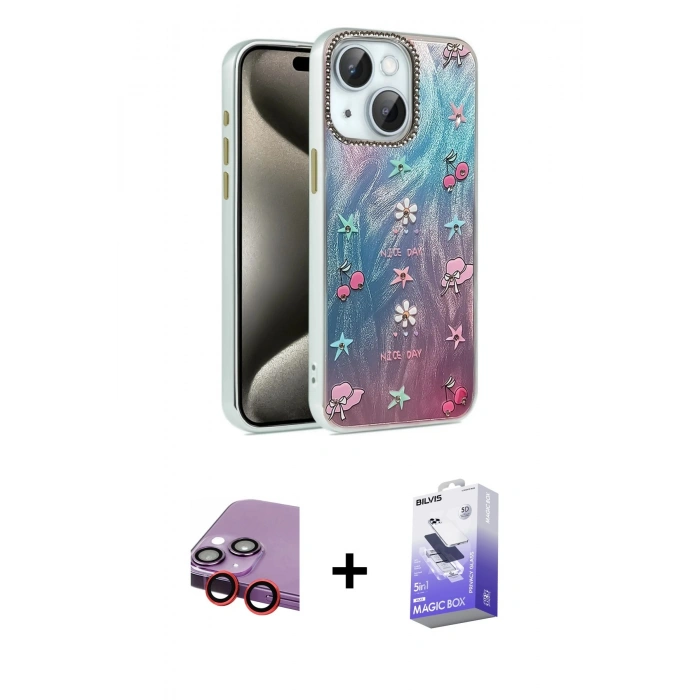 MARSİLYAN™- iPhone 14 Kılıf Zirve Modern Prime - Siyah Bilvis 5in1 5D Magic Hayalet Cam Ekran Koruyucu + Raze Metal Kamera Lens - KI
