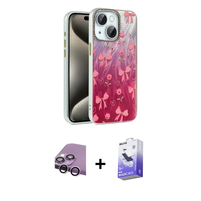 MARSİLYAN™- iPhone 14 Kılıf Zirve Modern Prime - Siyah Bilvis 5in1 5D Magic Hayalet Cam Ekran Koruyucu + Raze Metal Kamera Lens - GS