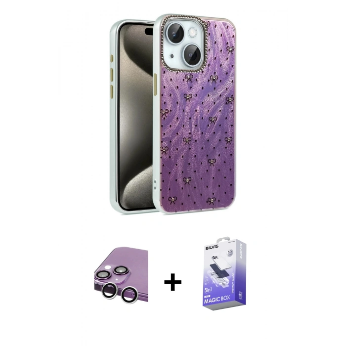 MARSİLYAN™- iPhone 14 Kılıf Zirve Modern Prime - Siyah Bilvis 5in1 5D Magic Hayalet Cam Ekran Koruyucu + Raze Metal Kamera Lens - GS