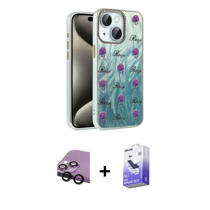 MARSİLYAN™- iPhone 14 Kılıf Zirve Modern Prime - Siyah Bilvis 5in1 5D Magic Hayalet Cam Ekran Koruyucu + Raze Metal Kamera Lens - SH
