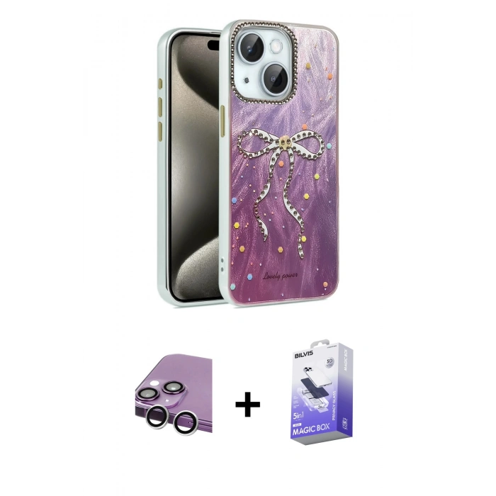 MARSİLYAN™- iPhone 14 Kılıf Zirve Modern Prime - Siyah Bilvis 5in1 5D Magic Hayalet Cam Ekran Koruyucu + Raze Metal Kamera Lens - GS