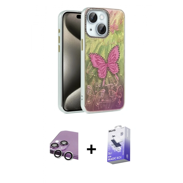 MARSİLYAN™- iPhone 14 Kılıf Zirve Modern Prime - Siyah Bilvis 5in1 5D Magic Hayalet Cam Ekran Koruyucu + Raze Metal Kamera Lens - GS