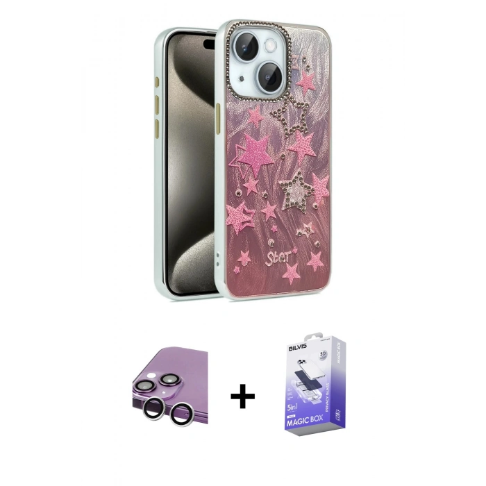 MARSİLYAN™- iPhone 14 Kılıf Zirve Modern Prime - Siyah Bilvis 5in1 5D Magic Hayalet Cam Ekran Koruyucu + Raze Metal Kamera Lens - GS