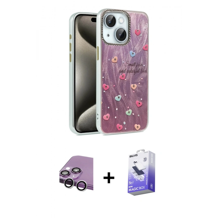 MARSİLYAN™- iPhone 14 Kılıf Zirve Modern Prime - Siyah Bilvis 5in1 5D Magic Hayalet Cam Ekran Koruyucu + Raze Metal Kamera Lens - GS