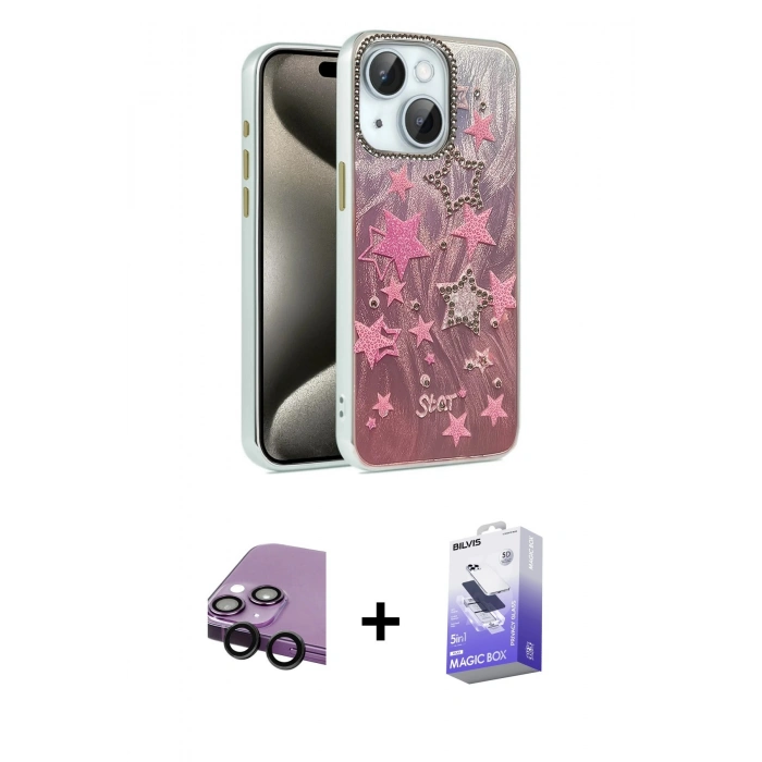 MARSİLYAN™- iPhone 14 Kılıf Zirve Modern Prime - Siyah Bilvis 5in1 5D Magic Hayalet Cam Ekran Koruyucu + Raze Metal Kamera Lens - SH