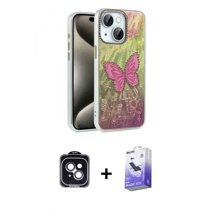 MARSİLYAN™- iPhone 14 Kılıf Zirve Modern Prime - Siyah Bilvis 5in1 5D Magic Hayalet Cam Ekran Koruyucu + PVD Metal Kamera Lens - SH