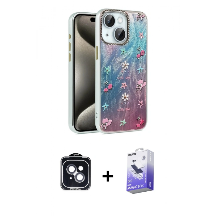 MARSİLYAN™- iPhone 14 Kılıf Zirve Modern Prime - Siyah Bilvis 5in1 5D Magic Hayalet Cam Ekran Koruyucu + PVD Metal Kamera Lens - SH