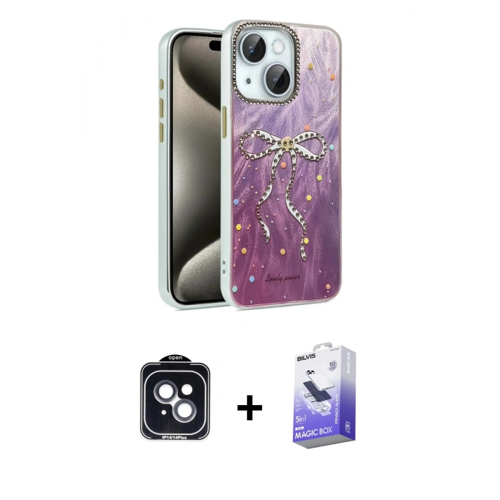 MARSİLYAN™- iPhone 14 Kılıf Zirve Modern Prime - Siyah Bilvis 5in1 5D Magic Hayalet Cam Ekran Koruyucu + PVD Metal Kamera Lens - SH