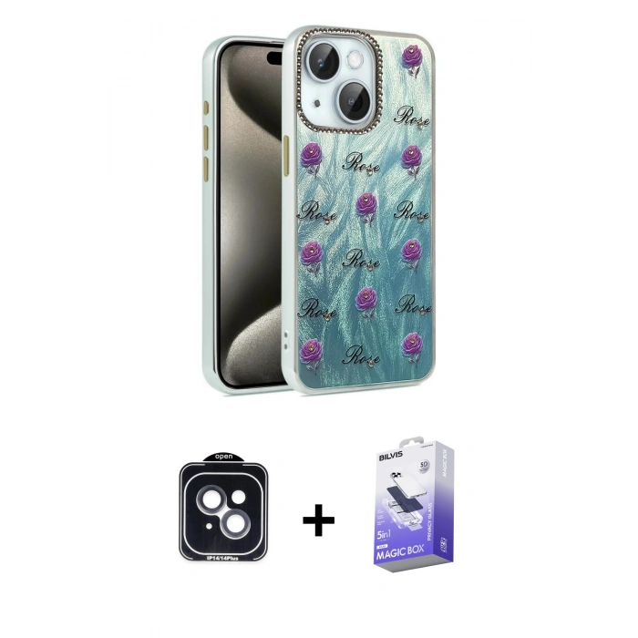 MARSİLYAN™- iPhone 14 Kılıf Zirve Modern Prime - Siyah Bilvis 5in1 5D Magic Hayalet Cam Ekran Koruyucu + PVD Metal Kamera Lens - SH