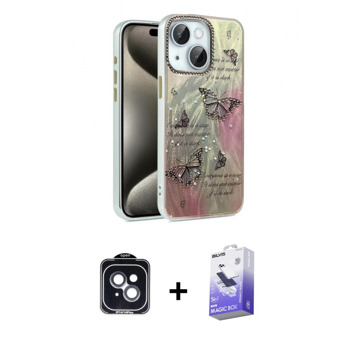 MARSİLYAN™- iPhone 14 Kılıf Zirve Modern Prime - Siyah Bilvis 5in1 5D Magic Hayalet Cam Ekran Koruyucu + PVD Metal Kamera Lens - SH