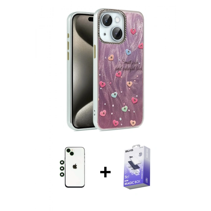 MARSİLYAN™- iPhone 14 Kılıf Zirve Modern Prime - Siyah Bilvis 5in1 5D Magic Hayalet Cam Ekran Koruyucu + Shine Kamera Lens - YL