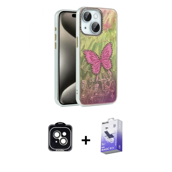 MARSİLYAN™- iPhone 14 Kılıf Zirve Modern Prime - Siyah Bilvis 5in1 5D Magic Hayalet Cam Ekran Koruyucu + Yeşil PVD Metal Kamera Lens