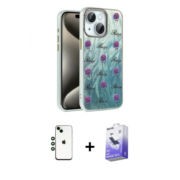 MARSİLYAN™- iPhone 14 Kılıf Zirve Modern Prime - Siyah Bilvis 5in1 5D Magic Hayalet Cam Ekran Koruyucu + Shine Kamera Lens - YL