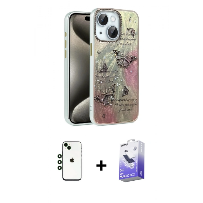 MARSİLYAN™- iPhone 14 Kılıf Zirve Modern Prime - Siyah Bilvis 5in1 5D Magic Hayalet Cam Ekran Koruyucu + Shine Kamera Lens - YL