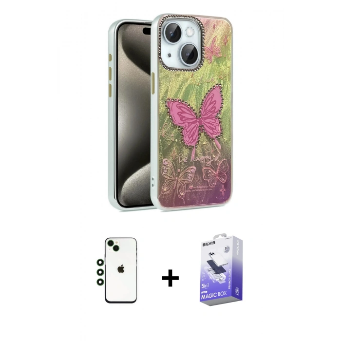 MARSİLYAN™- iPhone 14 Kılıf Zirve Modern Prime - Siyah Bilvis 5in1 5D Magic Hayalet Cam Ekran Koruyucu + Shine Kamera Lens - YL