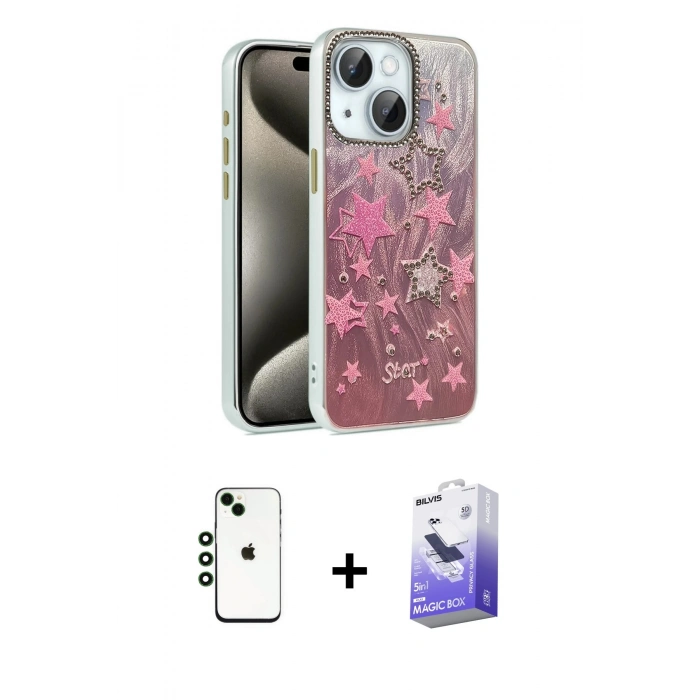 MARSİLYAN™- iPhone 14 Kılıf Zirve Modern Prime - Siyah Bilvis 5in1 5D Magic Hayalet Cam Ekran Koruyucu + Shine Kamera Lens - YL