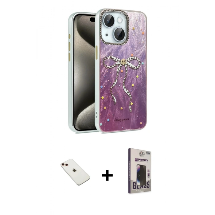MARSİLYAN™- iPhone 14 Kılıf Zirve Modern Prime - Siyah Bilvis Hayalet Cam Ekran Koruyucu + Diamond Kamera Lens - KI